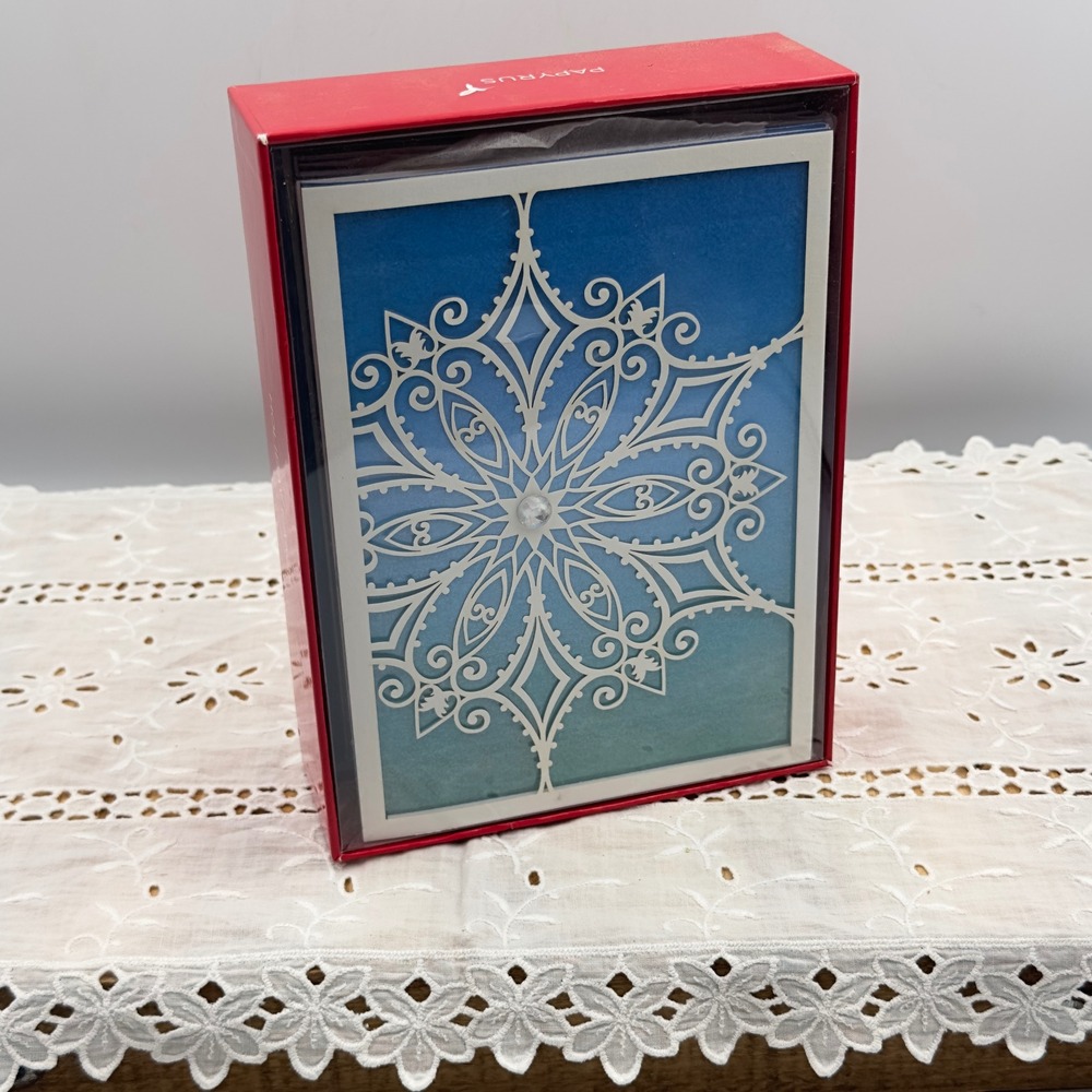 Papyrus Snowflake Holiday Cards Blue Ombre Laser Cut Gem 8ct Set 5x7 New